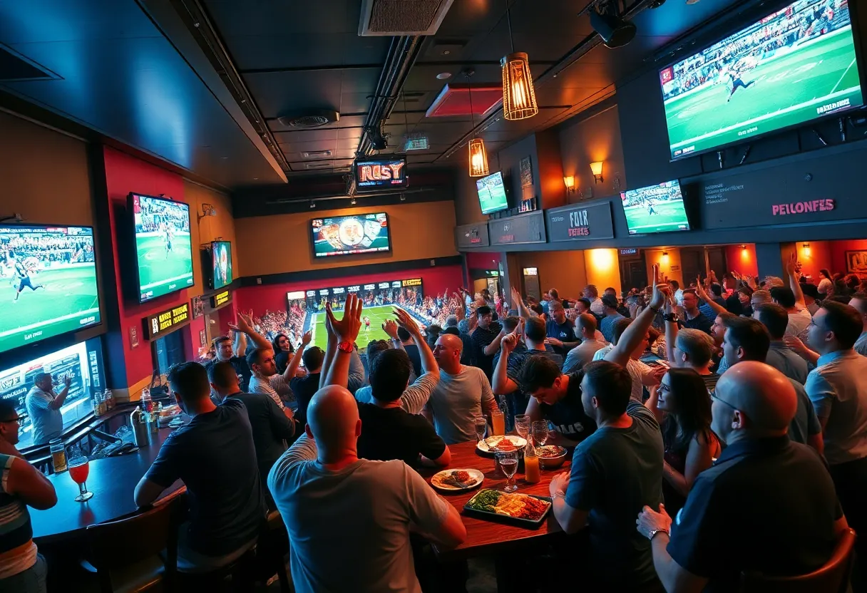 Fans celebrating the Super Bowl in a lively Dallas sports bar