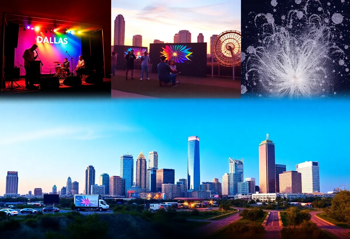 A collage of events and activities in Dallas, highlighting music, art, and outdoor experiences.
