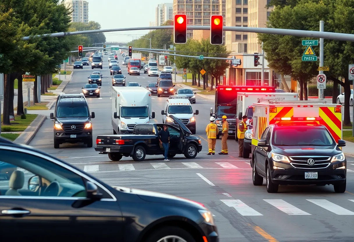 Emergency responders at the scene of a traffic collision at Garland Road and Lakeland Drive in Dallas, Texas.