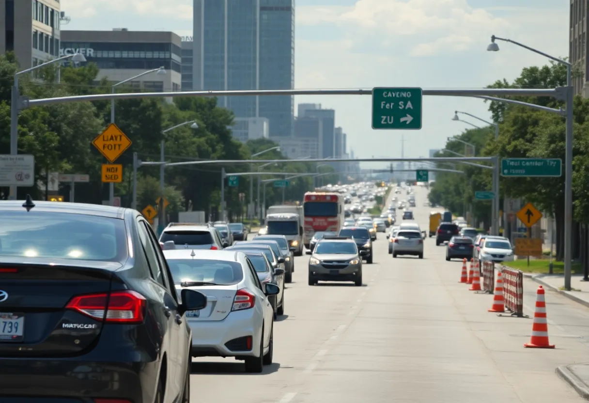 Traffic conditions on a Dallas street with signs for road construction