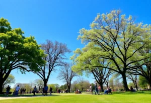 People enjoying the warm weather in a Dallas park under clear blue skies.