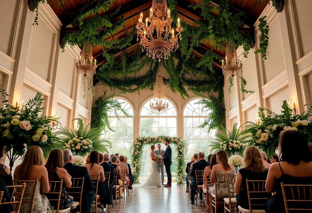 Elegant Dallas wedding venue with lush greenery and wedding decorations