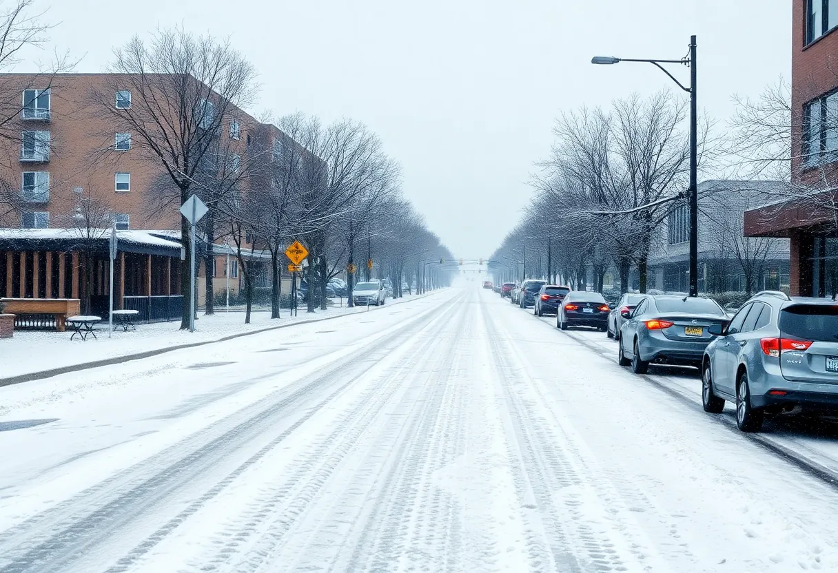 Snow-covered streets in Dallas during winter freeze with ice accumulation.