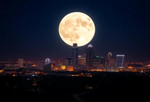 A stunning supermoon over Dallas with a clear night sky
