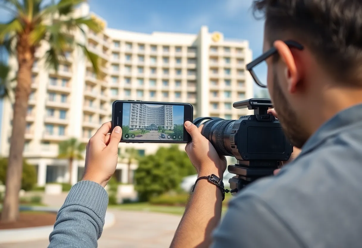 A young woman recording a video with a hotel in the background, depicting the impact of social media on employment.