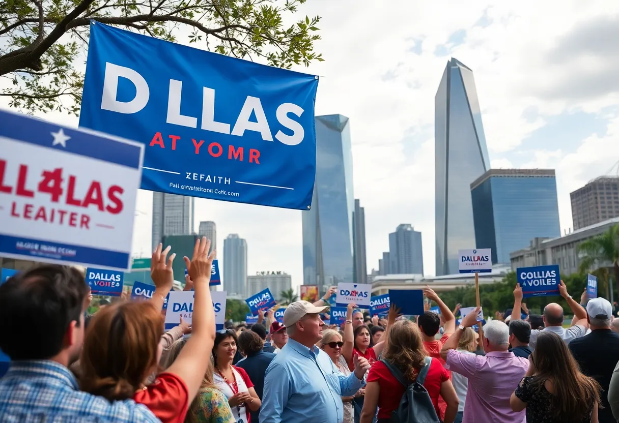 Campaign scene for Dallas District Attorney election with supporters and banners