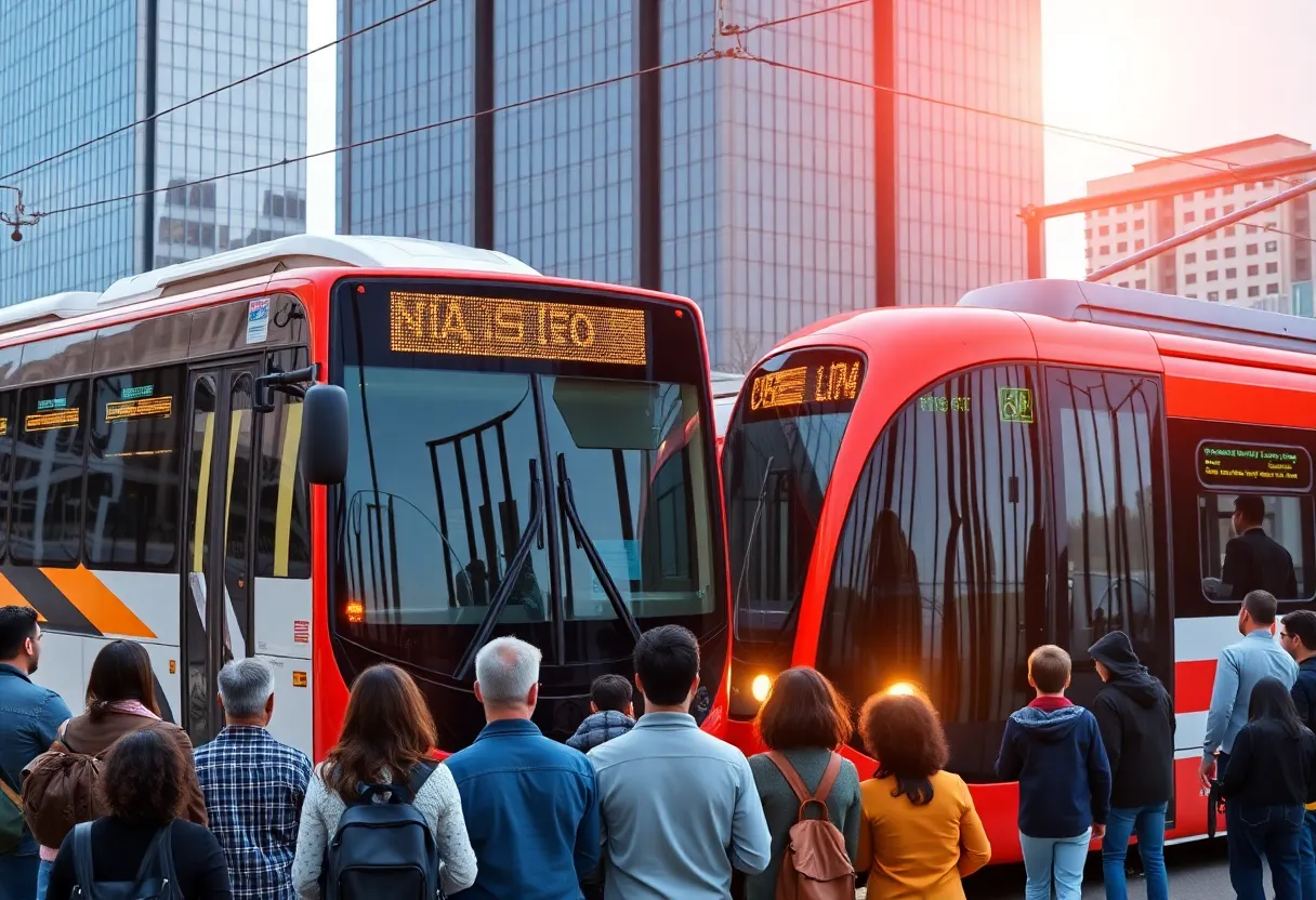 DART bus and light rail station in Dallas with passengers.