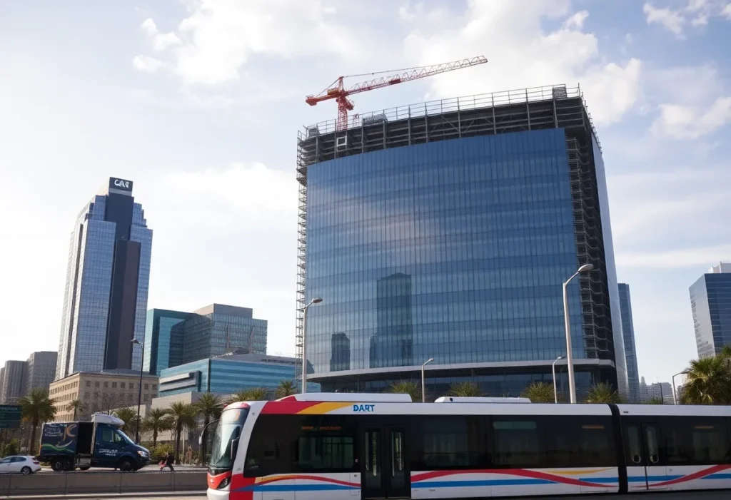 Modern convention center construction in Dallas with DART transit
