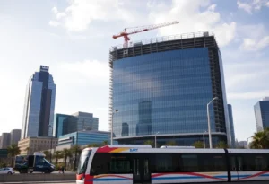 Modern convention center construction in Dallas with DART transit