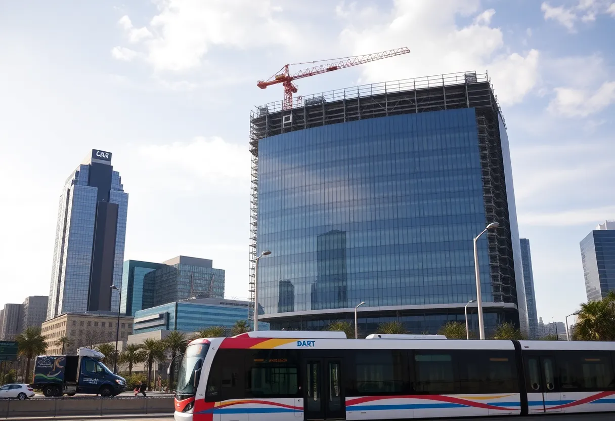 Modern convention center construction in Dallas with DART transit