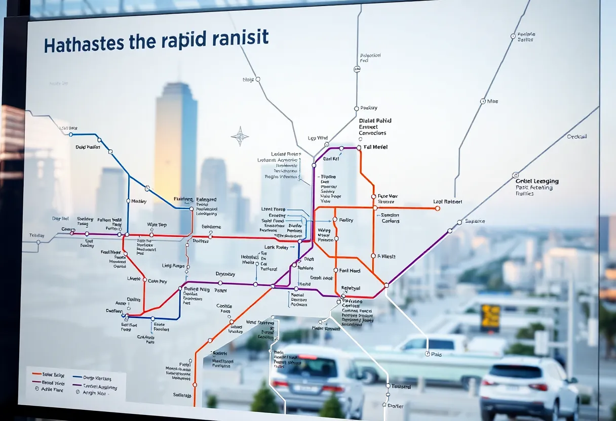 Transit map of Dallas Area Rapid Transit showing bus and rail routes.