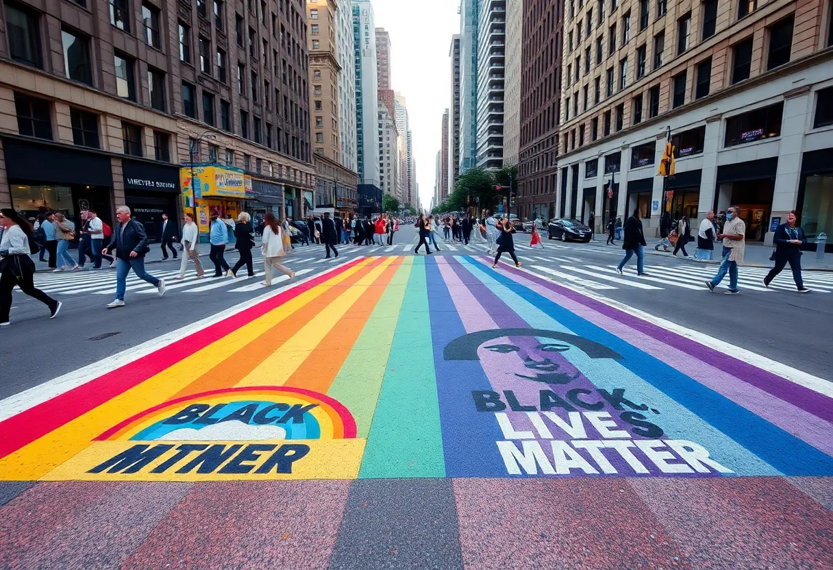 Colorful decorative crosswalk in Dallas featuring rainbow and Black Lives Matter designs.