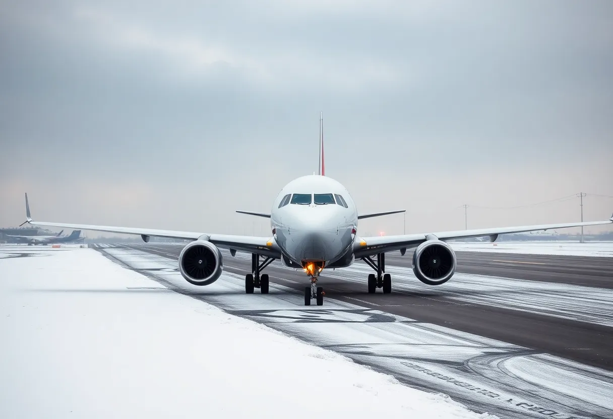Delta Airlines airplane during winter weather
