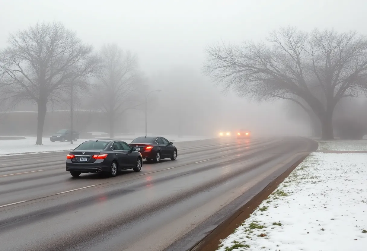 A street in Dallas-Fort Worth shrouded in dense freezing fog, highlighting icy conditions.