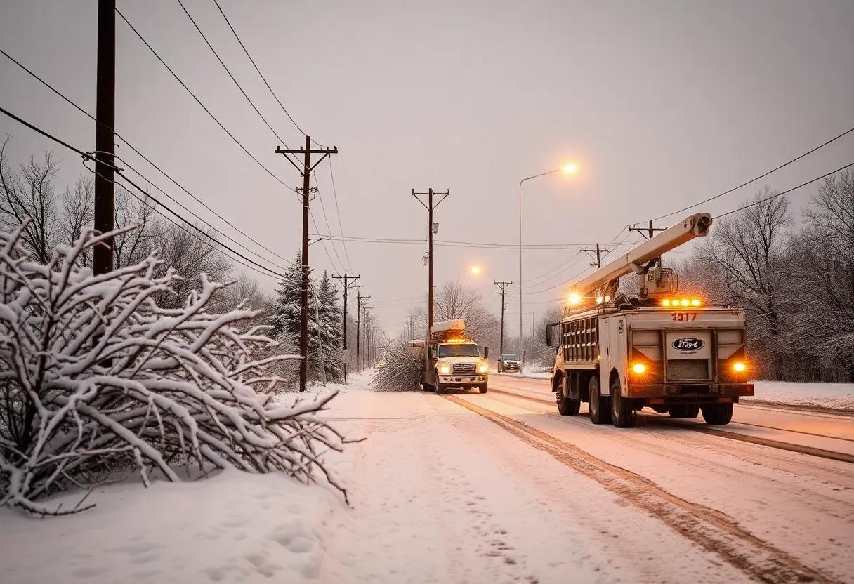 Utility crew restoring power in Denton during Winter Storm Fern