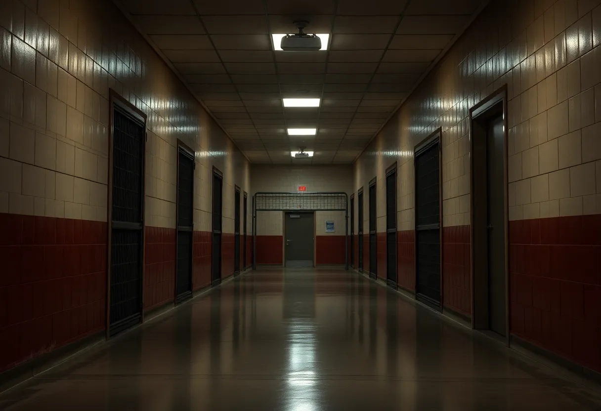 A somber view of a secure immigration detention facility highlighting its exterior.