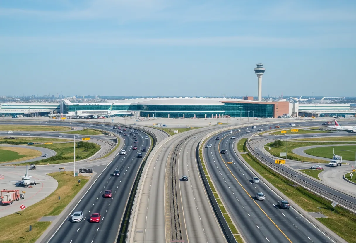 Construction of a bridge at DFW Airport with smooth traffic flow.
