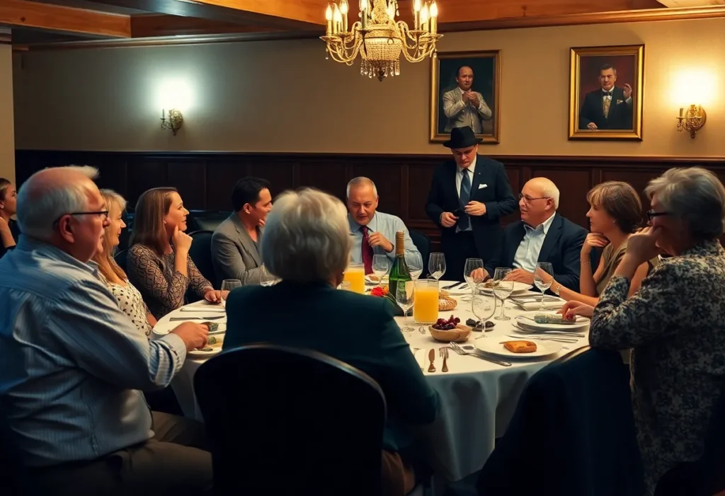 Guests interacting during a murder mystery dinner show