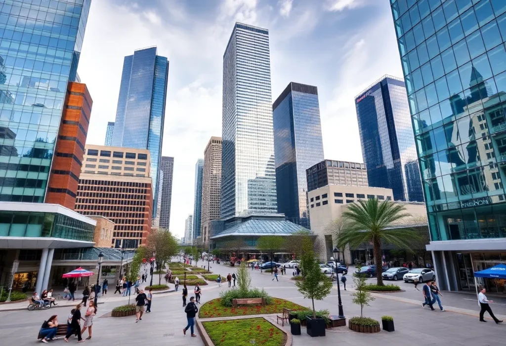 Urban scene in downtown Dallas representing economic growth and revitalization efforts.