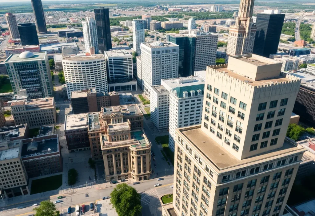Aerial view of downtown Dallas highlighting urban redevelopment and historic preservation.