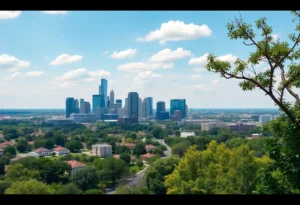 A comparison image showcasing downtown Dallas and Plano's suburban setting.