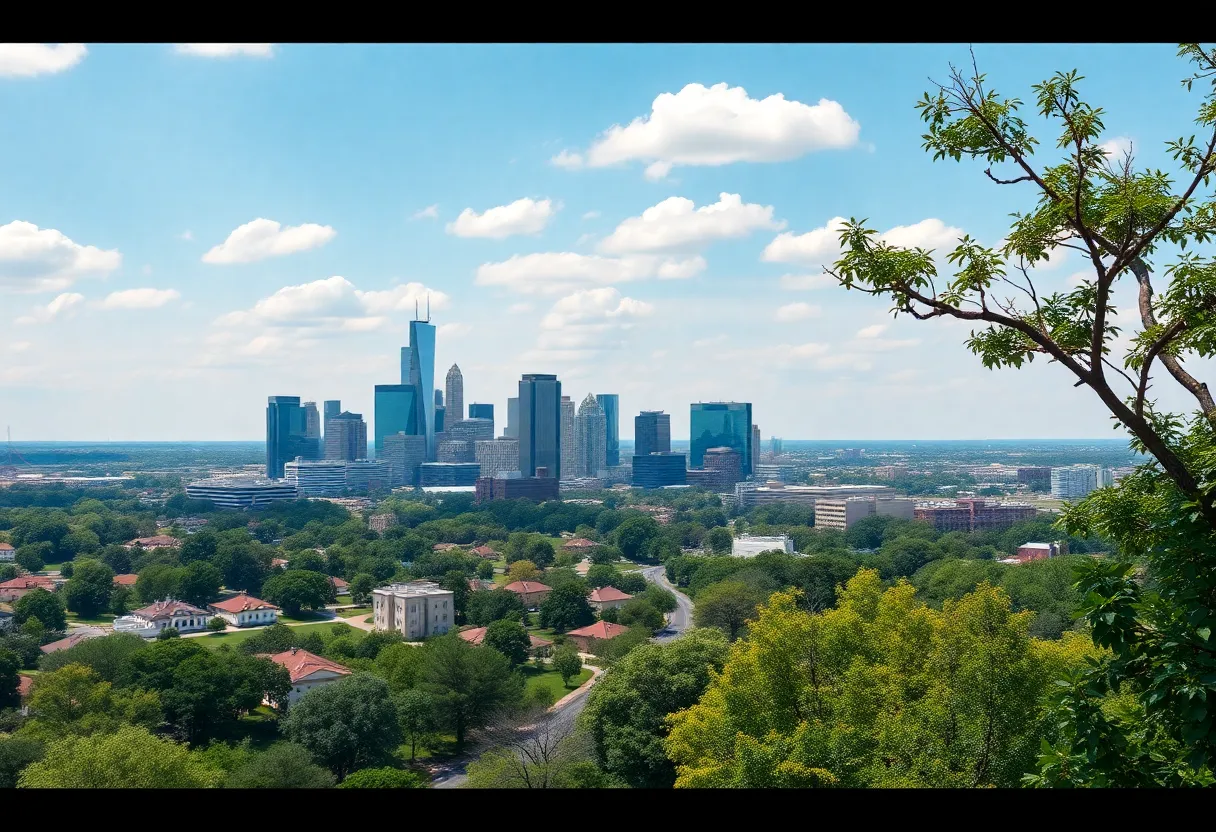 A comparison image showcasing downtown Dallas and Plano's suburban setting.
