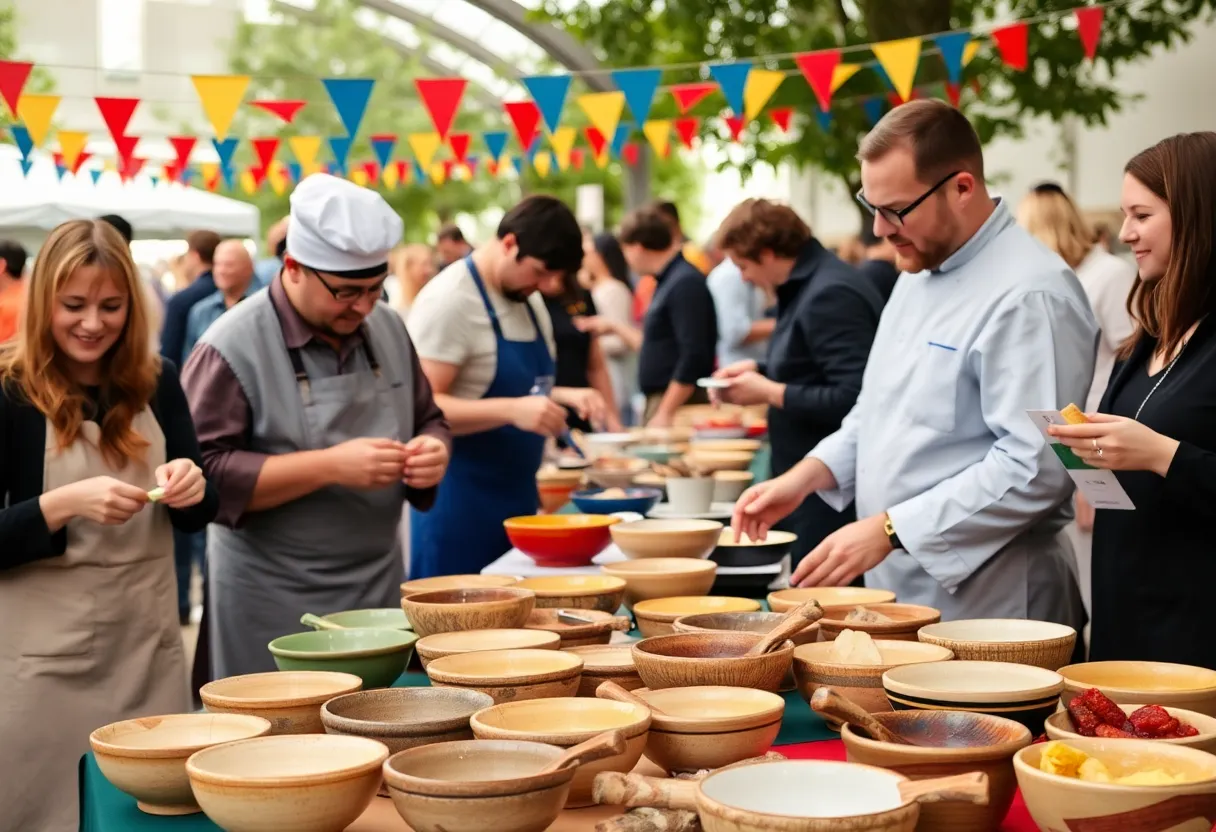 Community members at the Empty Bowls fundraiser with local chefs and handmade bowls.