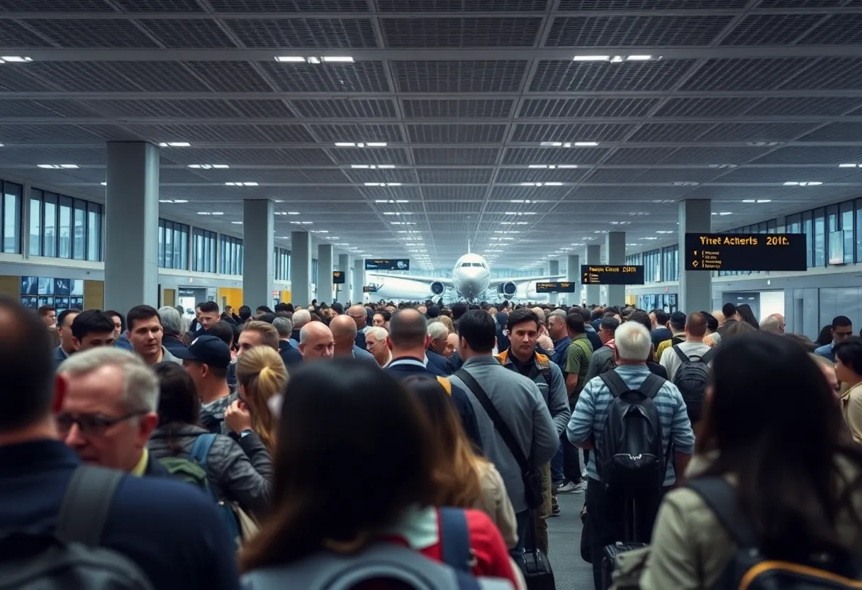 Crowded airport terminal capturing a tense moment among passengers.