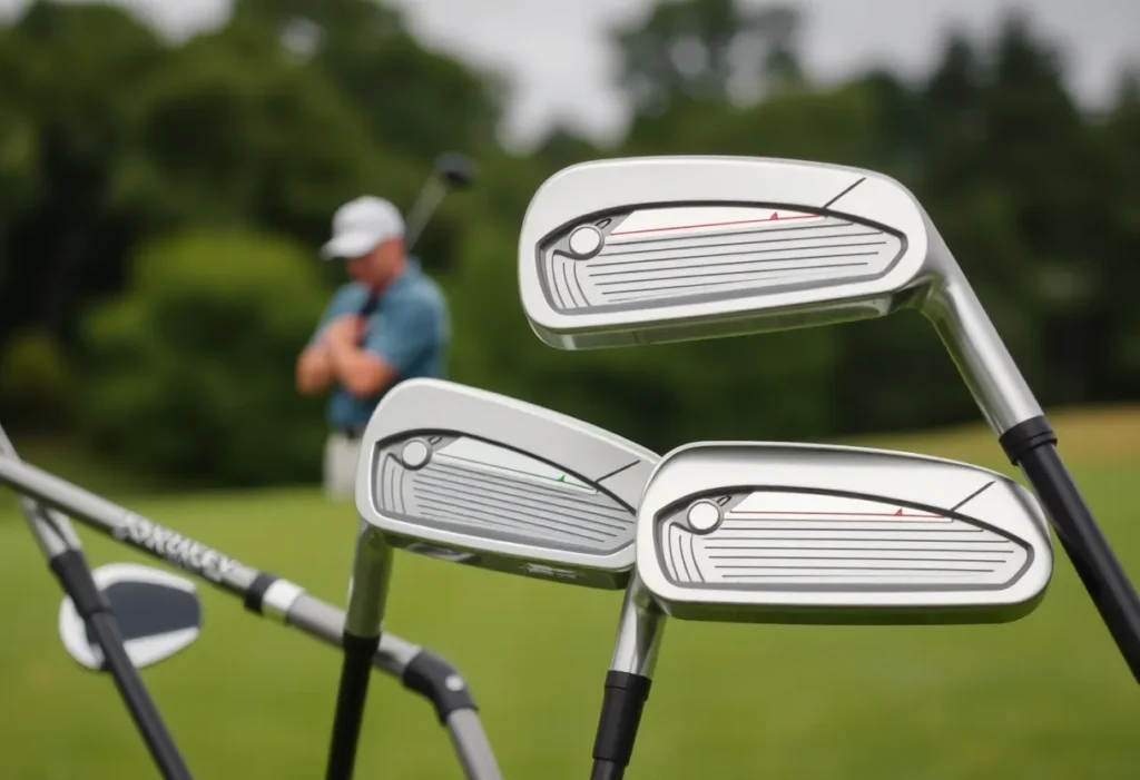 Various golf irons with different loft angles displayed on a golf course.