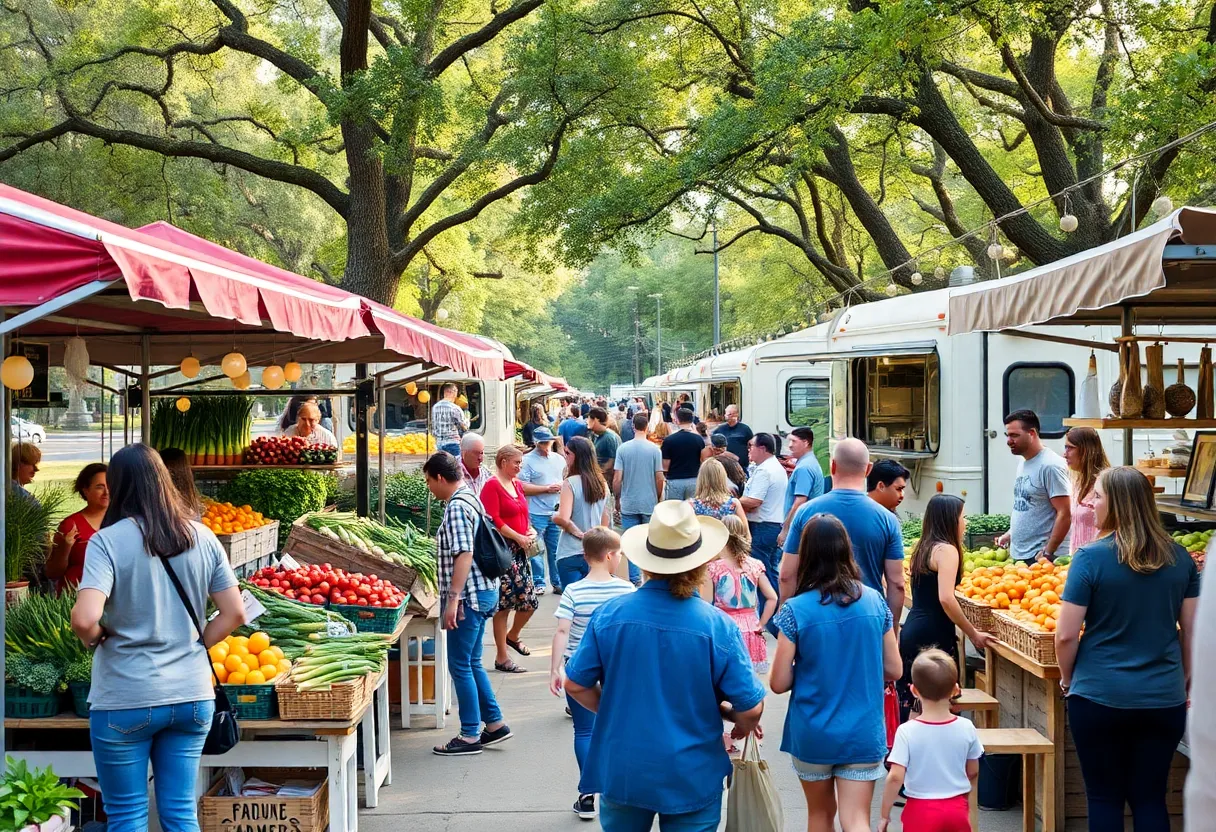 Vendors at the Dallas Farmers Market in Fair Park selling fresh vegetables and artisanal products.