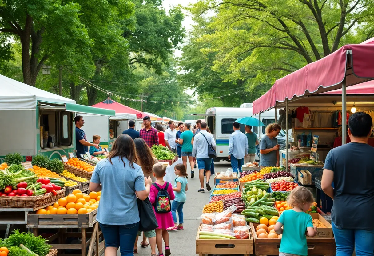 A lively farmers market at Fair Park with various vendors and fresh produce.