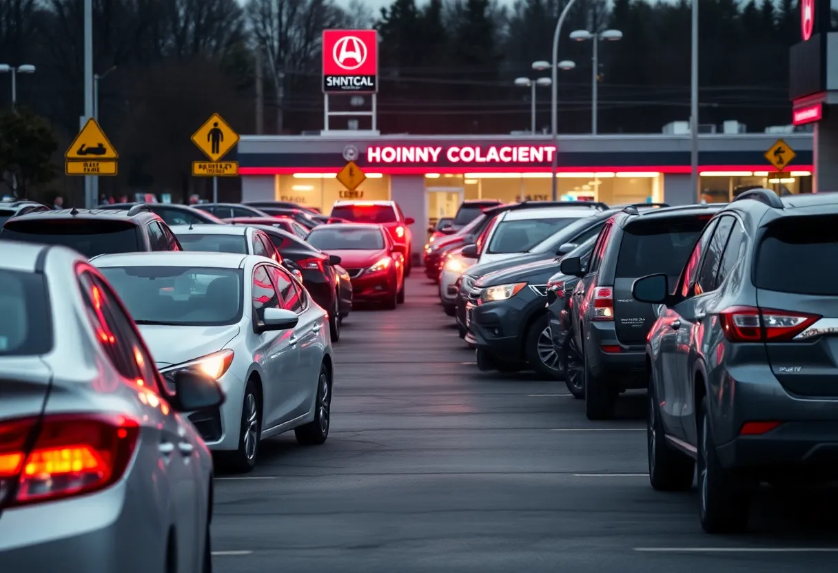 Car dealership parking lot with safety signs, reflecting on a tragic accident.