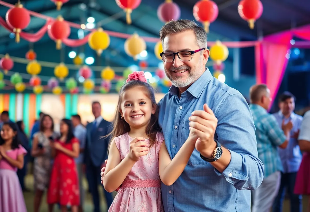Father and daughter dancing at a community event