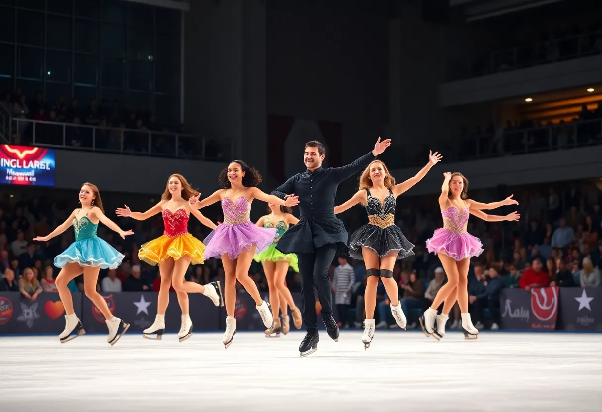 Figure skaters performing on ice during the Olympic tour