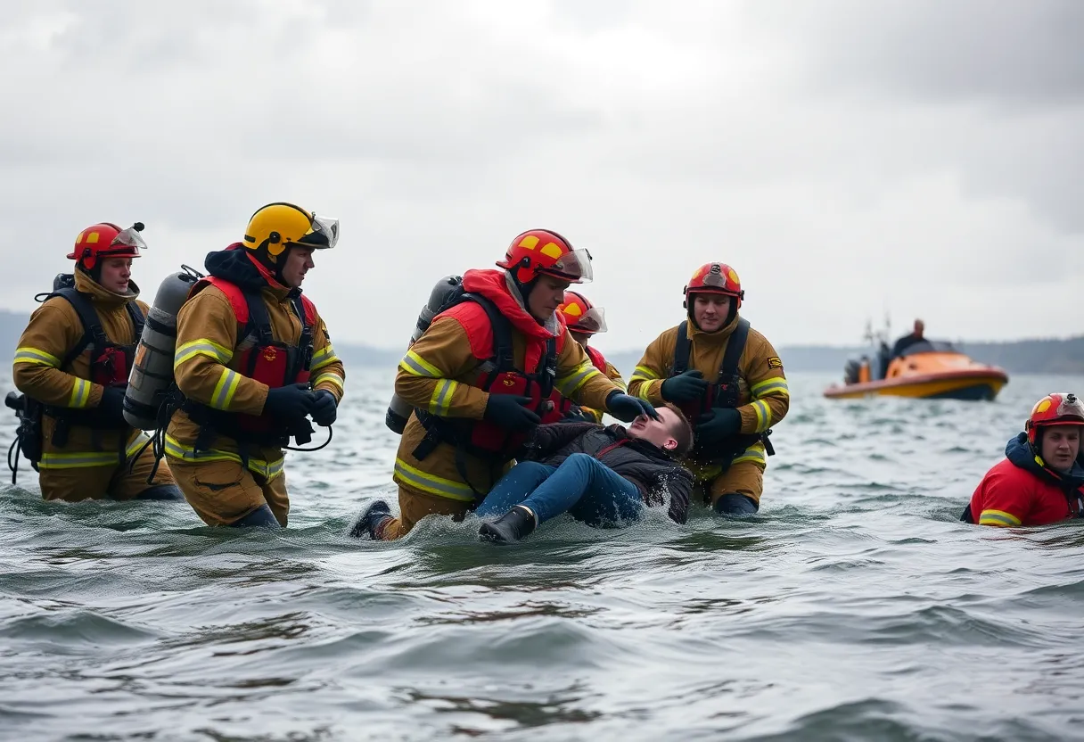 Firefighters rescuing duck hunters from a lake