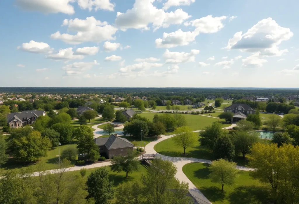 Scenic park in Flower Mound, Texas with families enjoying recreational activities.