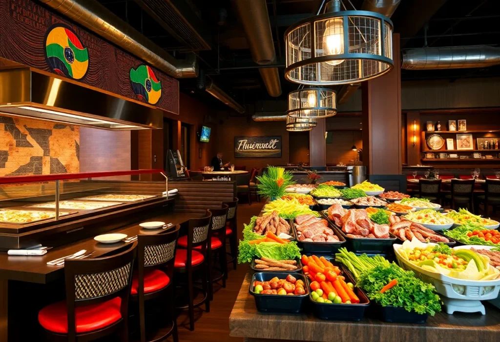 A Brazilian steakhouse dining area with colorful Market Table and churrasco grills.
