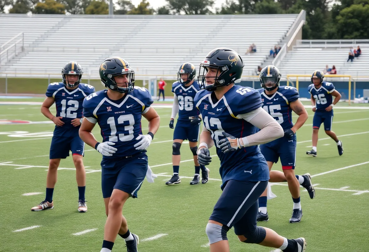 College football players training on the field