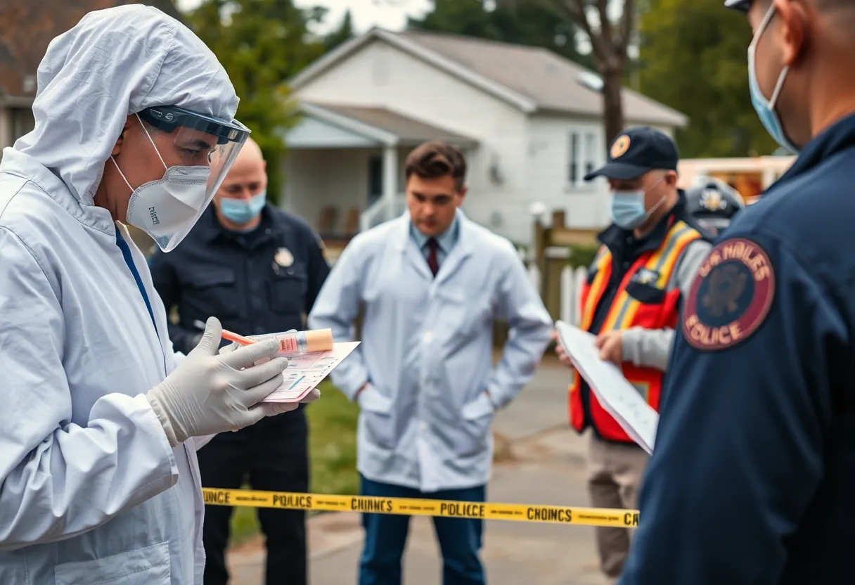 Forensic investigators examining evidence at a crime scene.