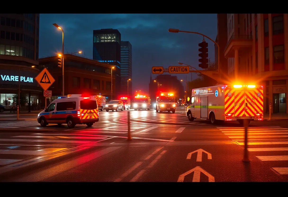 Scene of a late-night car accident on Forney Road with emergency responders.