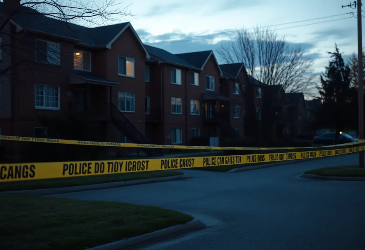 Police tape surrounding an apartment complex following a shooting incident.