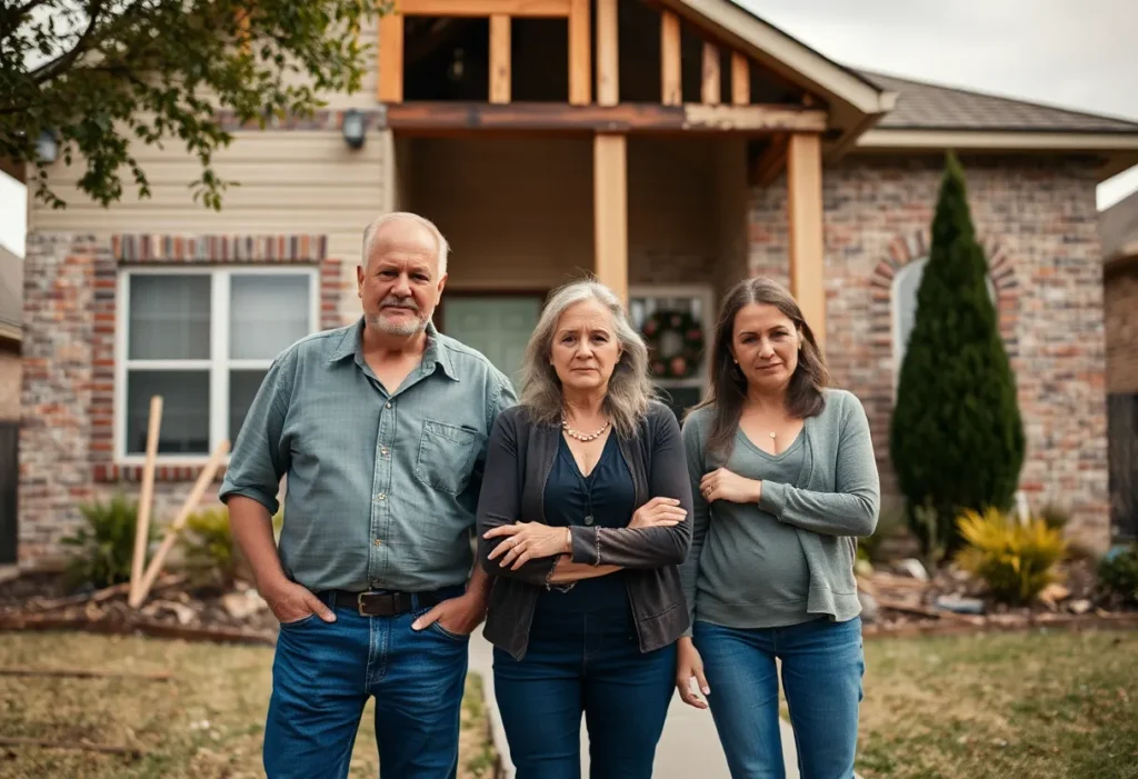 A distressed family in front of their unfinished home renovation in Fort Worth