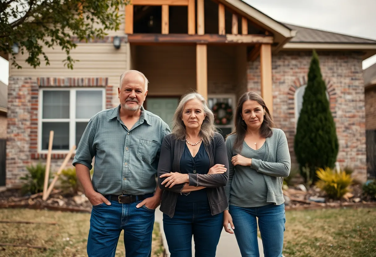 A distressed family in front of their unfinished home renovation in Fort Worth