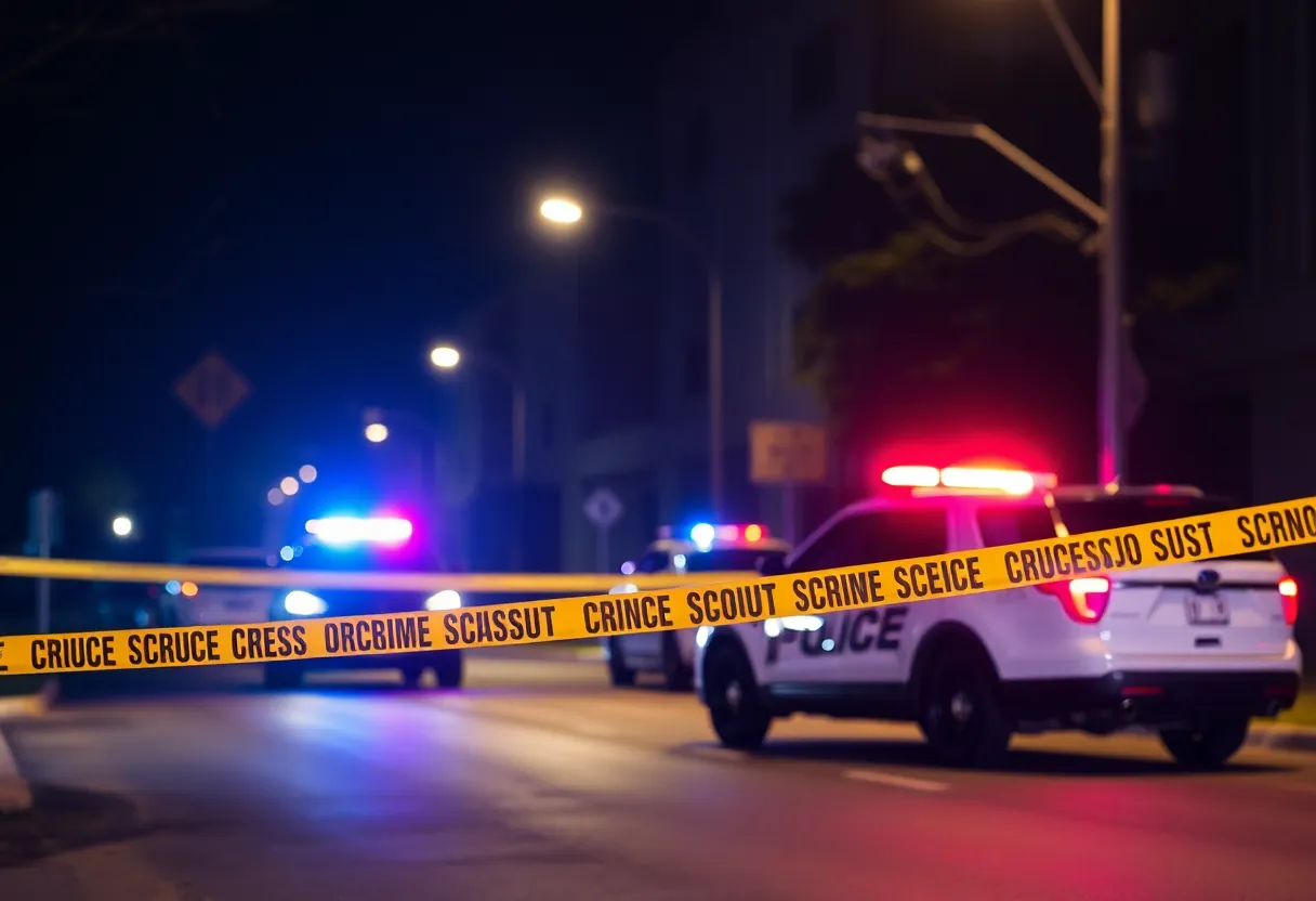 Police investigating a shooting scene with crime scene tape