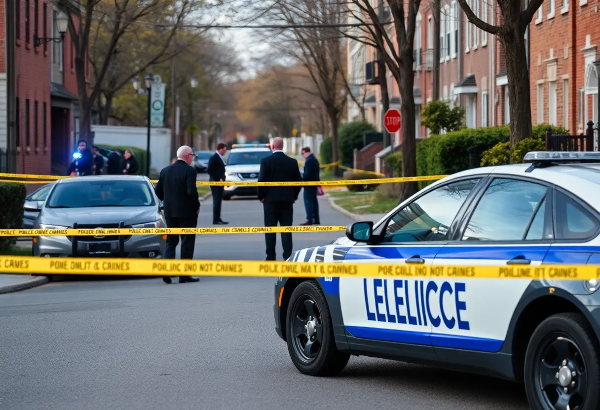 Crime scene investigation with police tape and officers at work