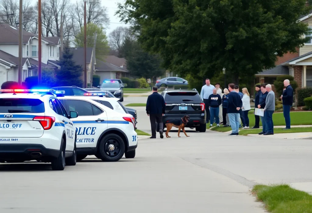 Scene of police standoff in Frisco, Texas with officers and police vehicles.