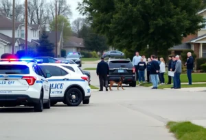 Scene of police standoff in Frisco, Texas with officers and police vehicles.