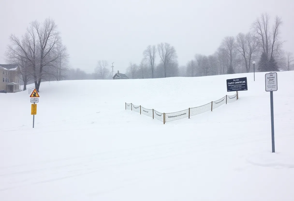 Sledding hill in Frisco with safety signs during winter storm