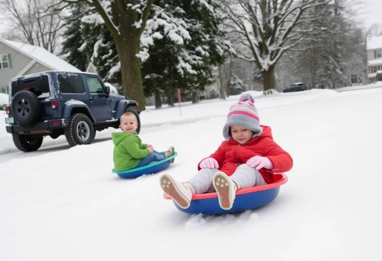 Snowy neighborhood with children sledding and a Jeep in the background