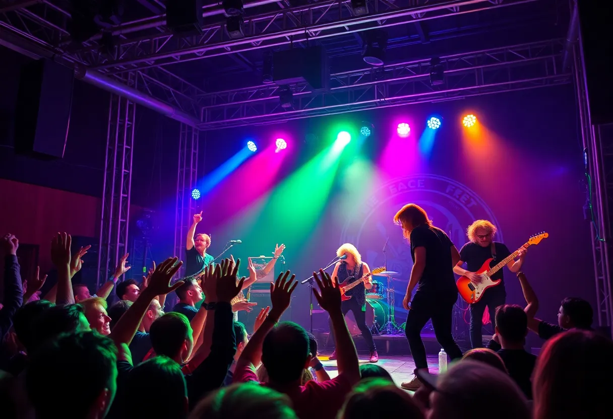 Gogol Bordello performing live on stage with vibrant lights